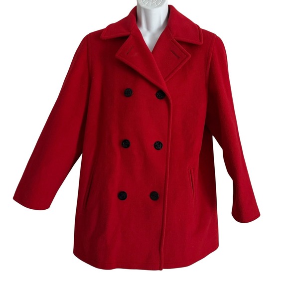 Talbots‎ Women Pea Coat 10 Red Double Breasted Wool Blend Tartan Lining - Picture 2 of 11
